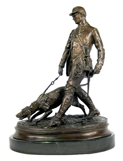 Man With Dog Bronze Sculpture On Marble BAse